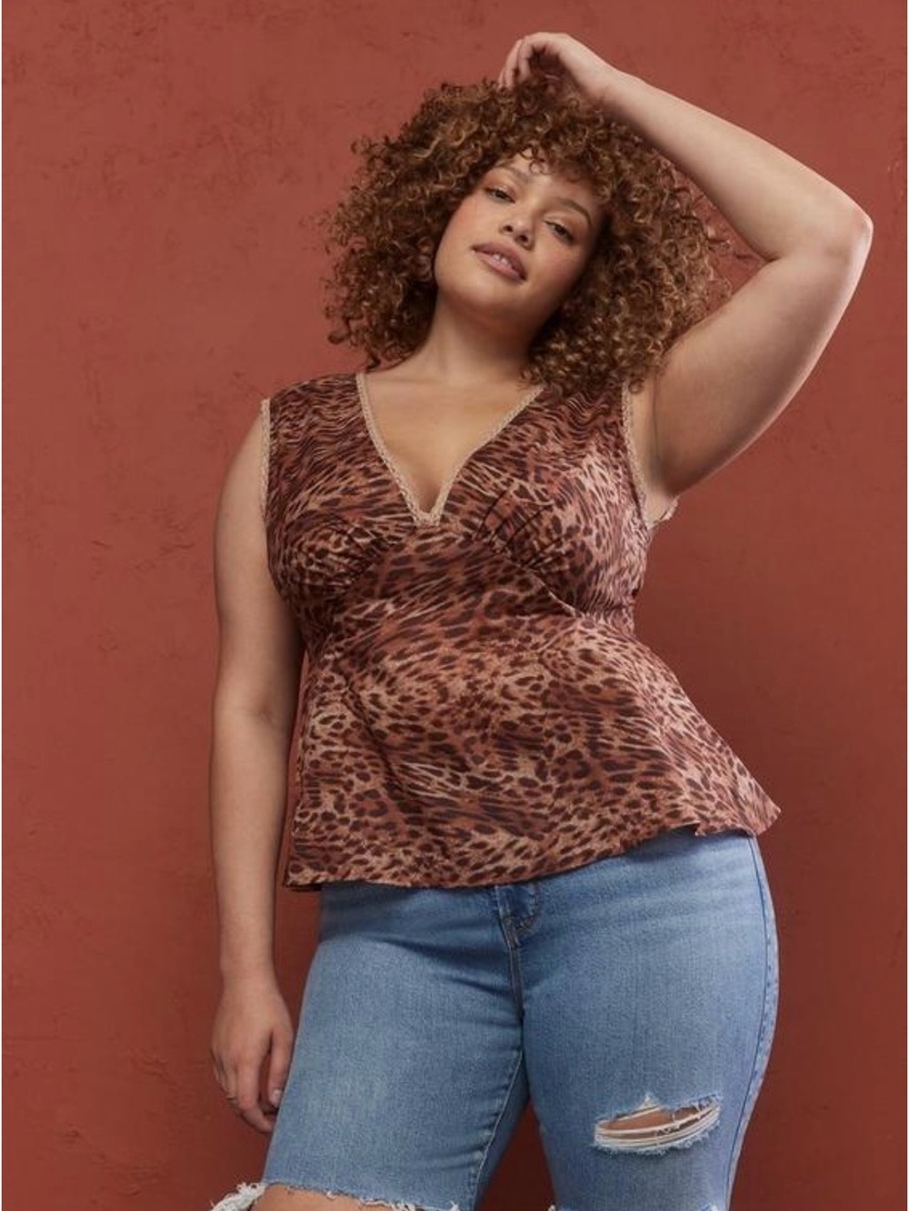 torrid Leopard Print V-Neck Lace-Trim Tie Back Cami